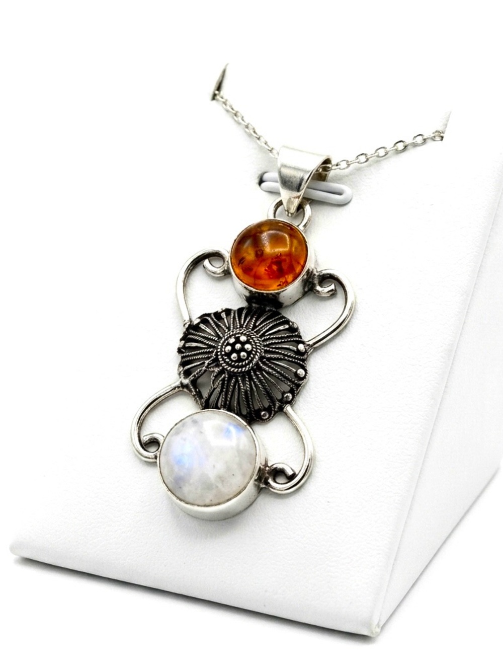 New S925 Sterling Silver Baltic Amber Moonstone Artisan Flower Handmade Necklace